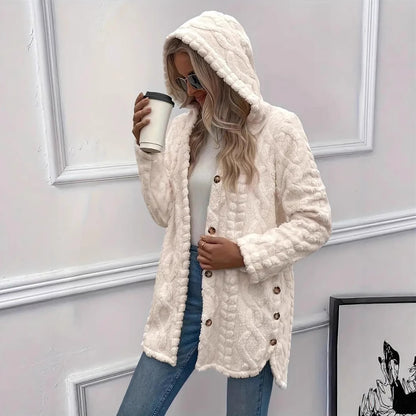 Fuzzy jacket for ladies with hood and button closure Chic und Stil