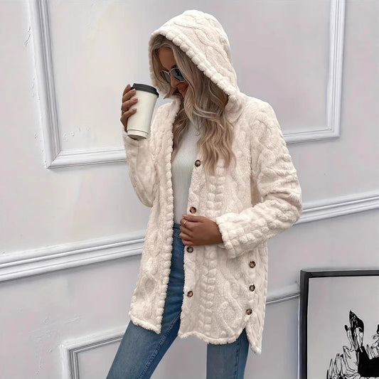 Fuzzy jacket for ladies with hood and button closure Chic und Stil