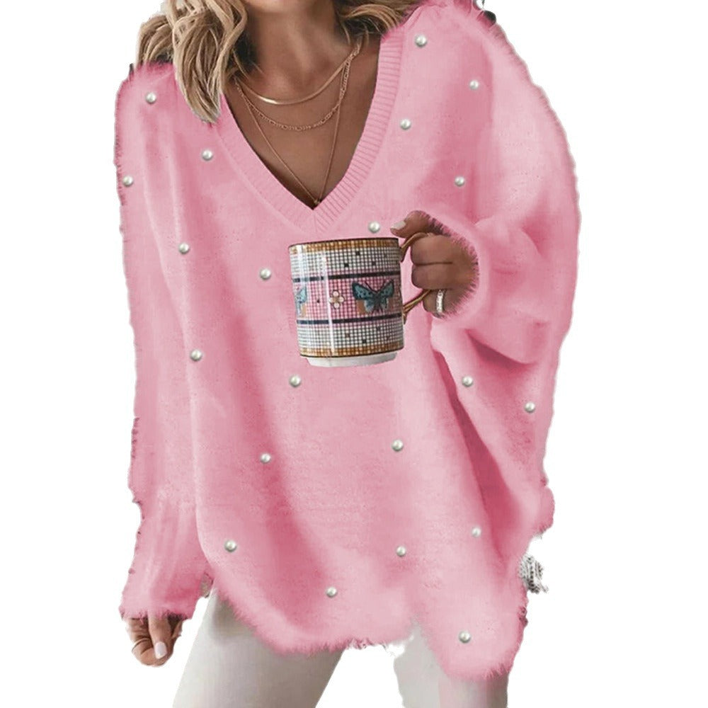 Pull femme oversize à col en V avec perles Chic und Stil