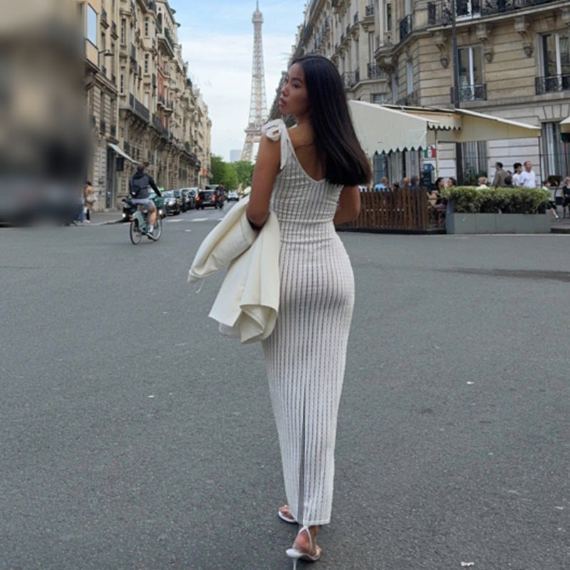 Robe maxi élégante pour femmes avec bretelles et structure côtelée Chic und Stil