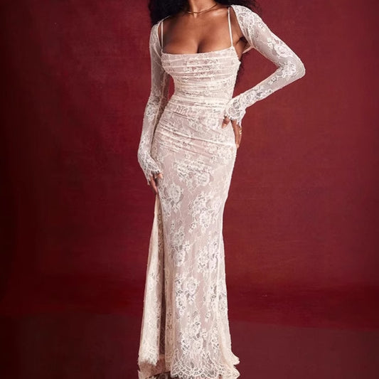 Robe de soirée élégante en dentelle pour femmes avec décolleté en V profond et manches transparentes Chic und Stil