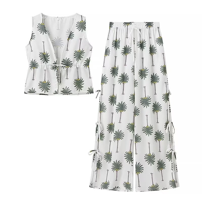 Chic and Style Women's Palazzo Pants with Palm Floral Print and Lace-Up Details on the Sides
