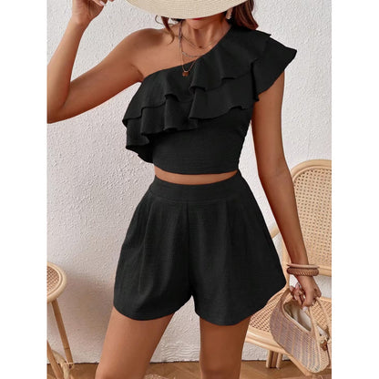 Woman One-Shoulder Ruffle Crop Top and High-Waisted Shorts Chic and Style