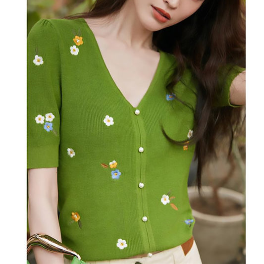 Gilets tricotés à manches courtes brodés pour femmes Chic und Stil