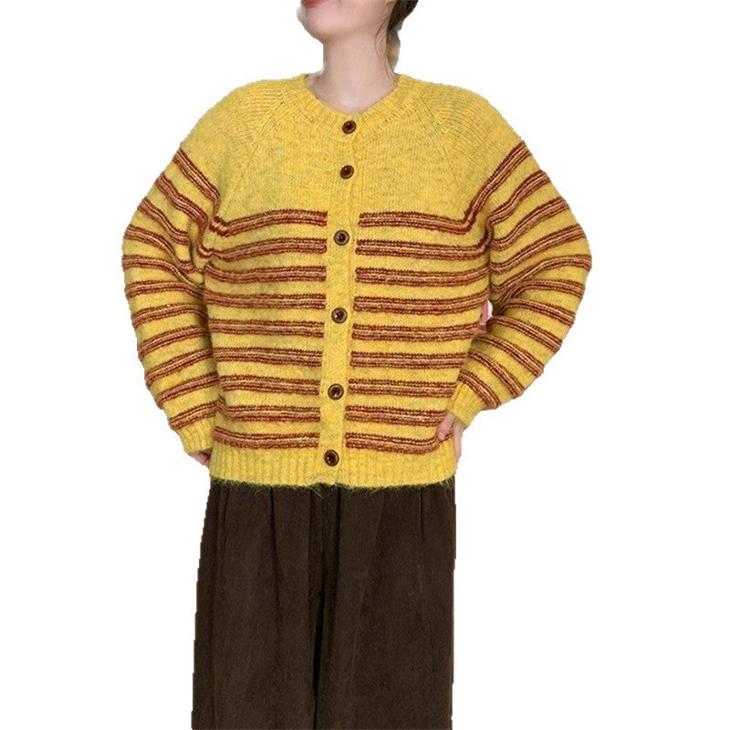 Dames Gros Tricot Veste avec Rayures Modernes et Détails de Bouton Chic und Stil