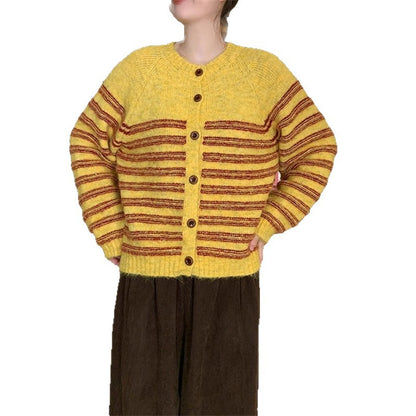 Dames Gros Tricot Veste avec Rayures Modernes et Détails de Bouton Chic und Stil