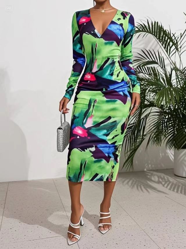 Robe longue à manches longues pour femmes avec décolleté en V profond et imprimé coloré Chic und Stil