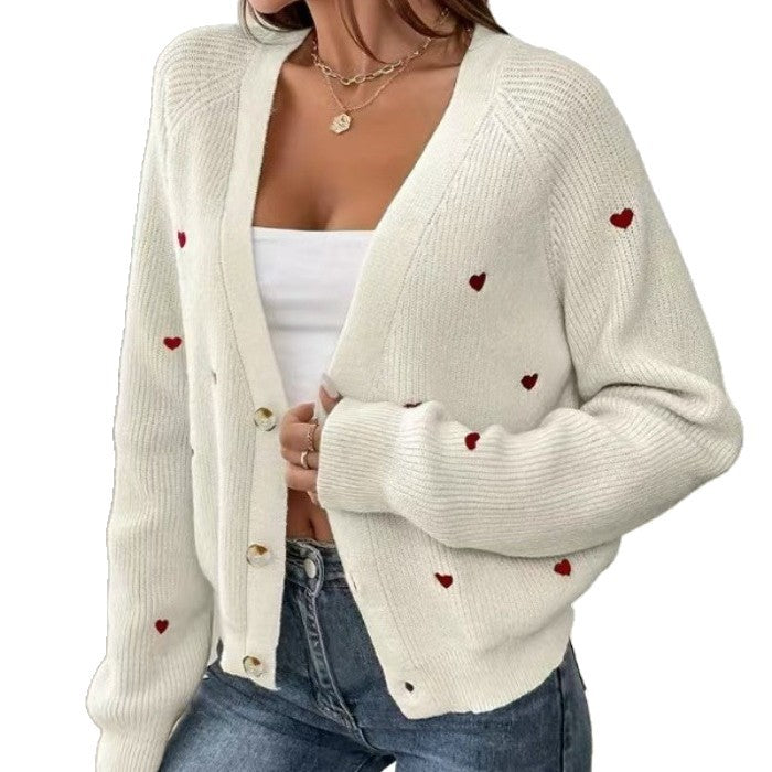 Dames cardigan décontracté avec applications en forme de cœur et décolleté en V profond Chic und Stil