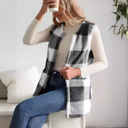 Dames gilet doux avec poches latérales et motif écossais moderne Chic und Stil