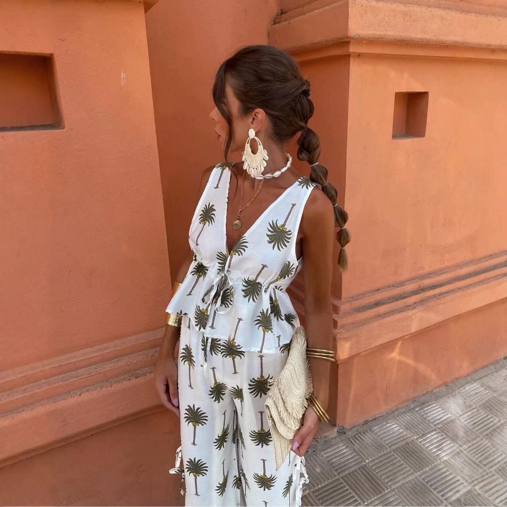 Chic and Style Women's Palazzo Pants with Palm Floral Print and Lace-Up Details on the Sides