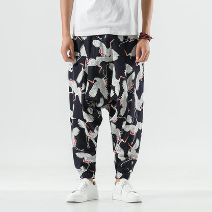 Casual and breathable men's harem pants with a unique crane pattern Chic and Style