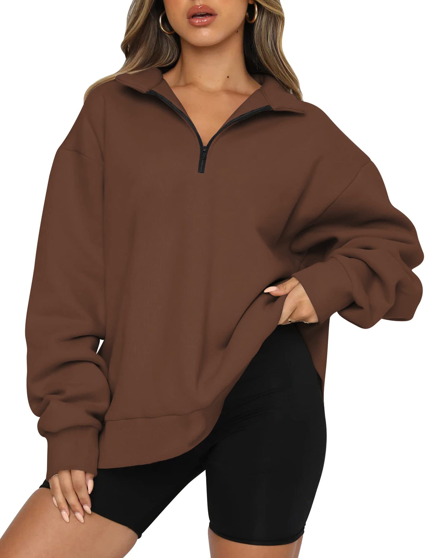 Pull décontracté pour femmes avec demi-zip et épaules tombantes Chic und Stil