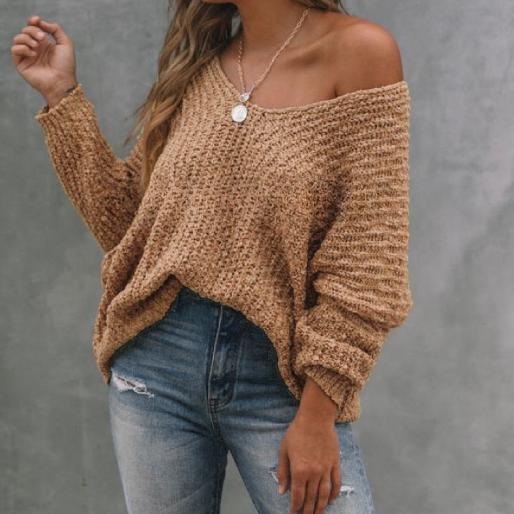 Pull en tricot décontracté pour femmes avec un large décolleté en V et style épaule dénudée Chic und Stil