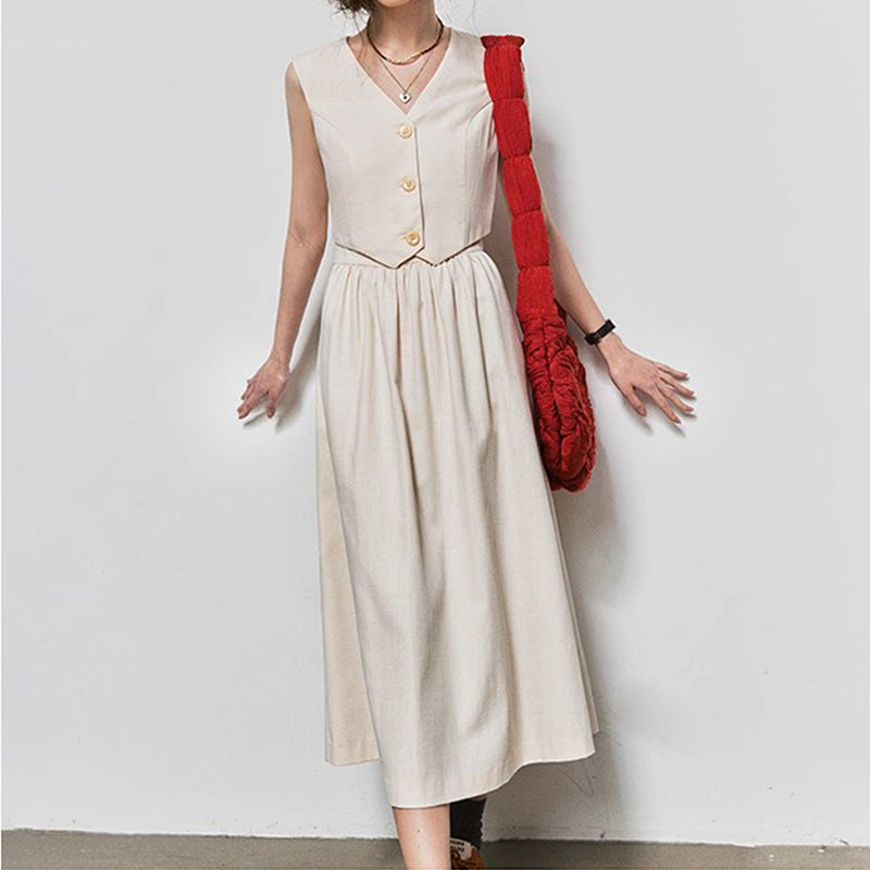 Robe maxi sans manches élégante pour femme avec gilet boutonné Chic und Stil