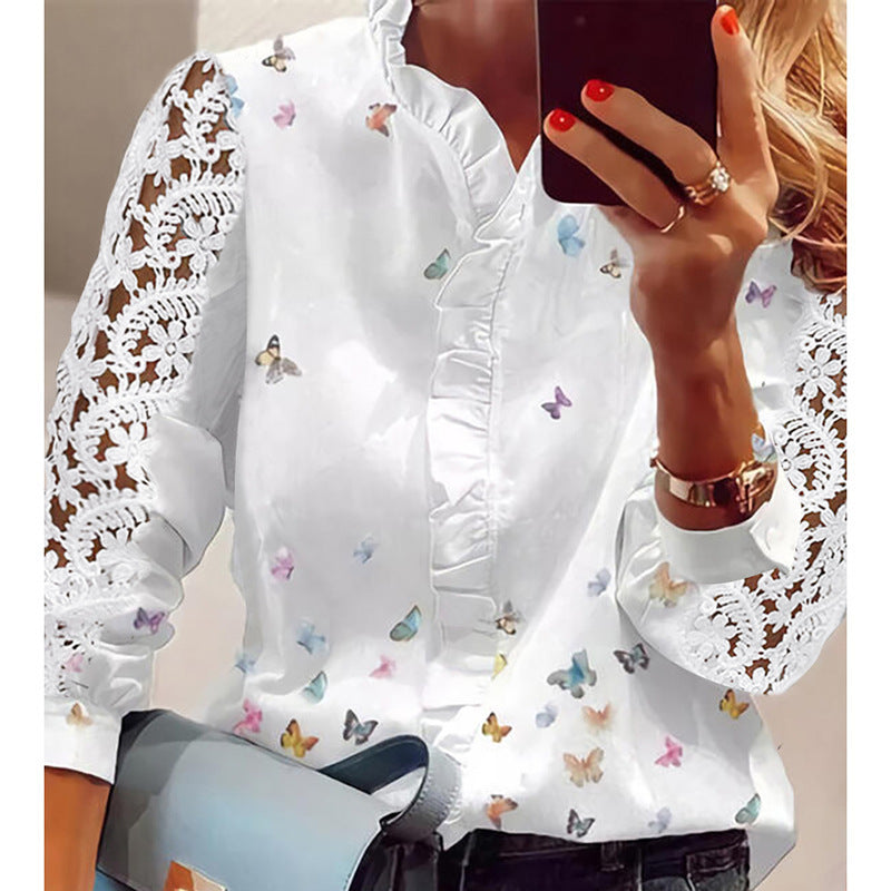 Chemisier femme avec appliques florales, détails volants et manches en dentelle Chic und Stil