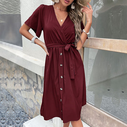Robe midi à bouton enroulé pour femme avec pochette de ceinture Chic und Stil