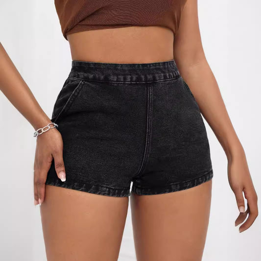 Shorts en denim taille haute pour femmes avec ceinture rembourrée et poches latérales Chic und Stil