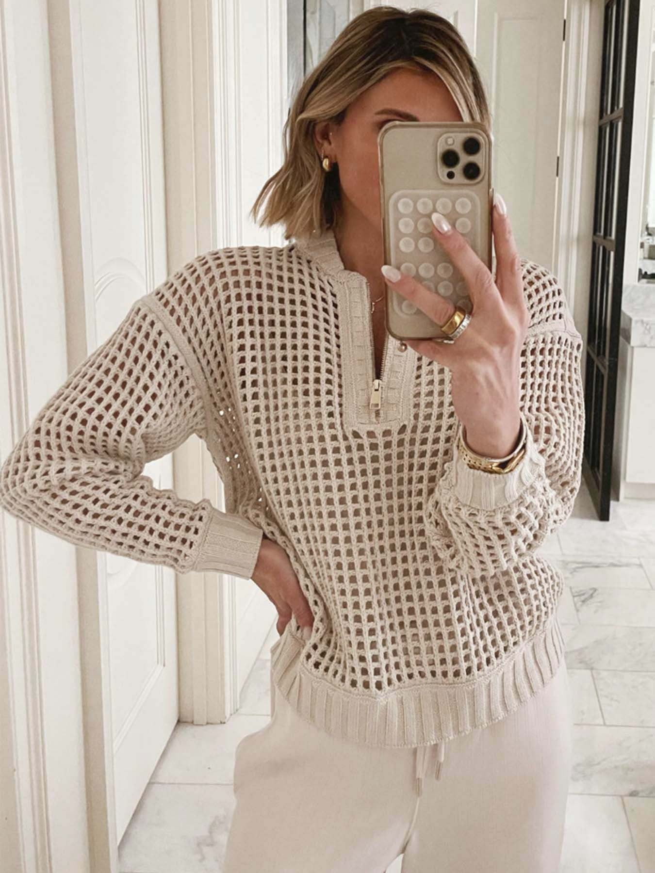 Pull en tricot décontracté pour femmes avec fermeture éclair et structure de mailles aérienne Chic und Stil