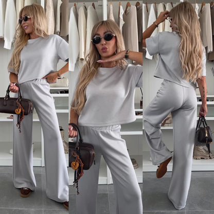 Chic and Style women's casual cropped top and wide leg pants set