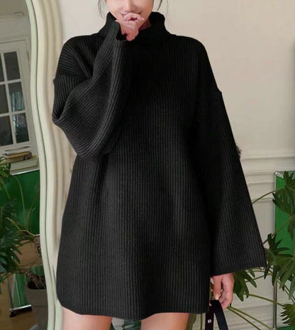 Dames Pull en tricot long avec col montant et manches évasées Chic und Stil