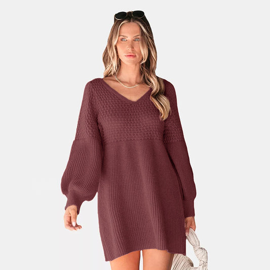 Robe en tricot décontractée pour dames avec une dentelle dénudée sur les épaules et des manches volumineuses Chic und Stil