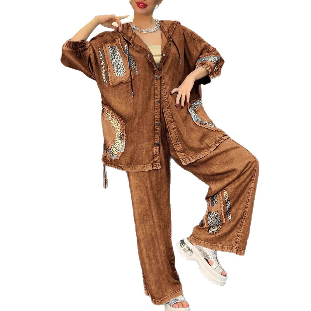 Fashionable women's jacket and pants set with chic animal print details