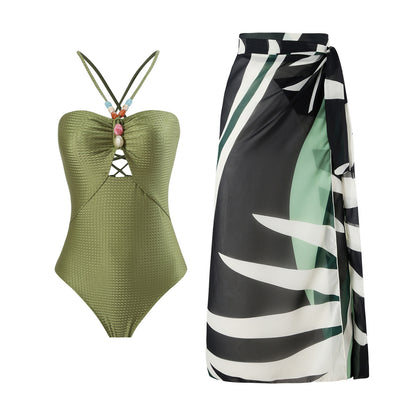 Maillot de bain une pièce pour femmes avec des accents en perles décoratives et une élégante jupe maxi Chic und Stil