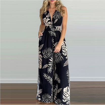 Dames Imprimé Tropical Jumpsuit Haut Fendu Chic und Stil