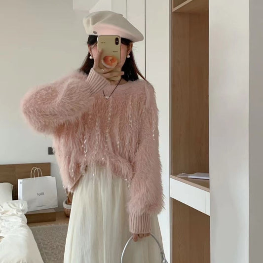 Fuzzy knit sweater for women with unique details Chic and Style