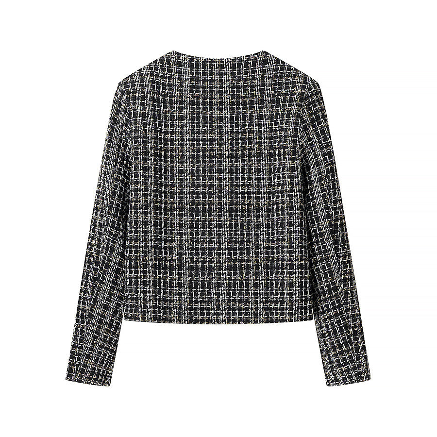 Dames élégante veste courte dans un style tweed à la mode avec des détails de boutons dorés Chic und Stil