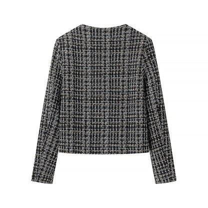 Dames élégante veste courte dans un style tweed à la mode avec des détails de boutons dorés Chic und Stil