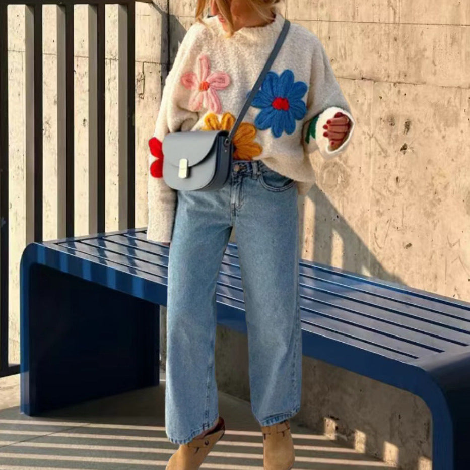 Dames joli pull avec applications florales Chic und Stil