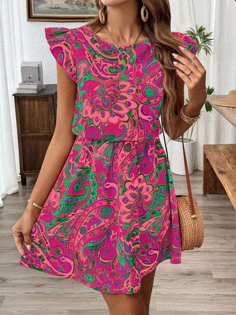 Femme Robe Mini à Imprimé Floral Fluide avec Manches Froncées Chic und Stil