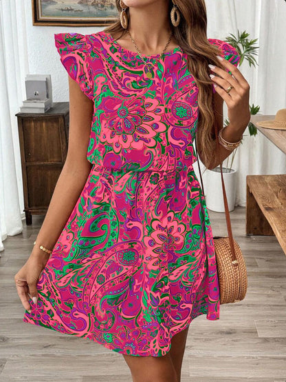 Femme Robe Mini à Imprimé Floral Fluide avec Manches Froncées Chic und Stil