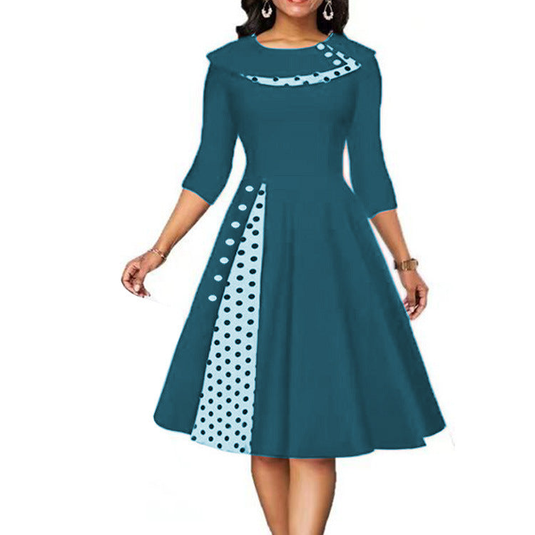 Femme Élégante Midi-Robe à Pois et Détail de Contraste Latéral Chic und Stil