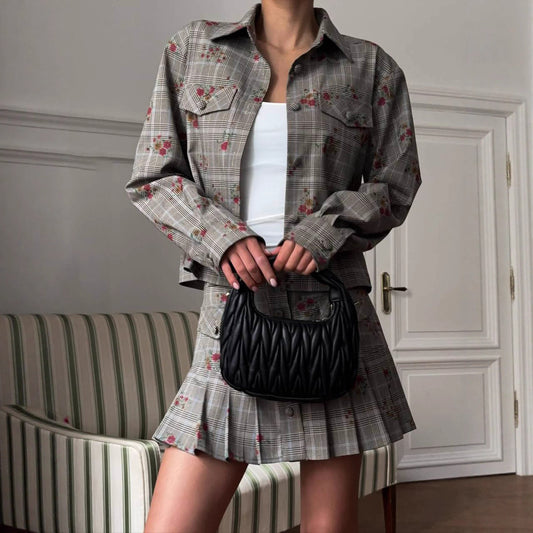 Plaid jacket for women with floral accents and matching skirt Chic and Style