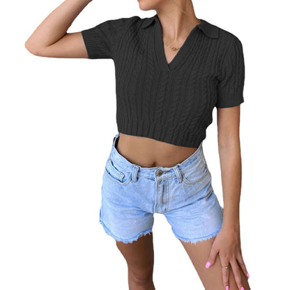 Pull court à manches courtes pour dames avec décolleté en V et structure en câble élégante Chic und Stil