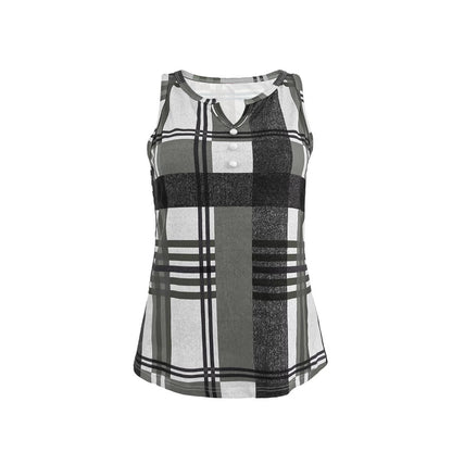 Top sans manches pour femmes à col en V avec détail de bouton décoratif et motif à carreaux moderne Chic und Stil