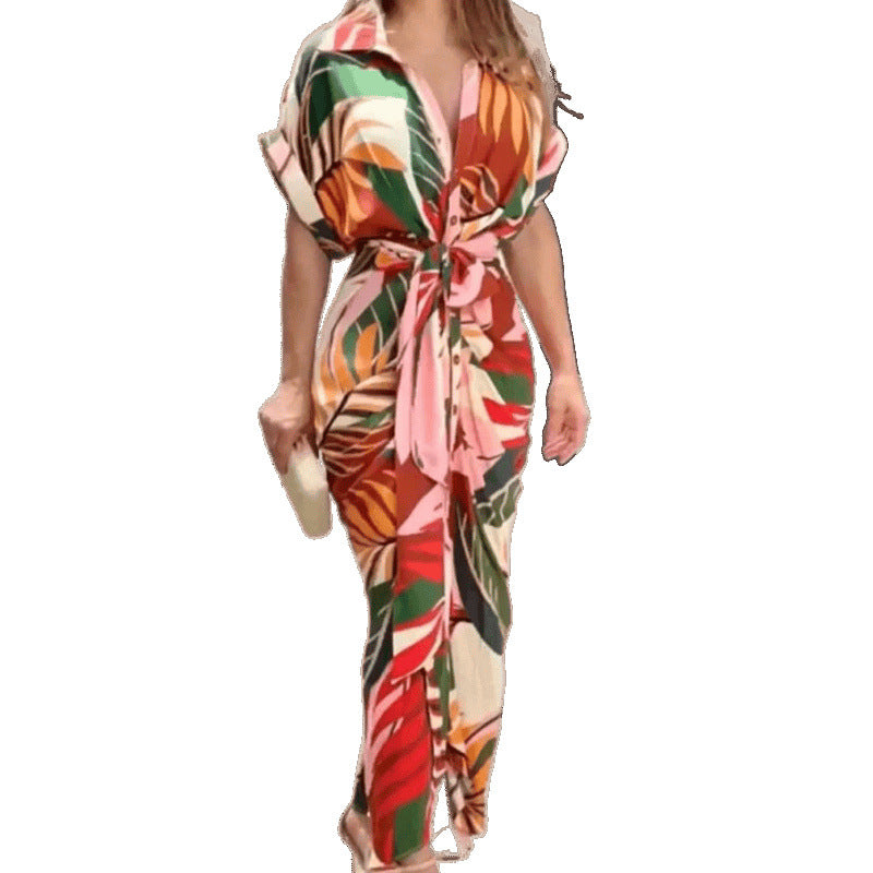 Femme Robe Midi Boutonnée Imprimé Tropical Chic und Stil