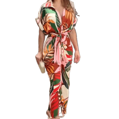 Femme Robe Midi Boutonnée Imprimé Tropical Chic und Stil