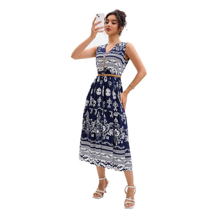 Dames Vintage Floral Boutonné Midi Robe Chic und Stil