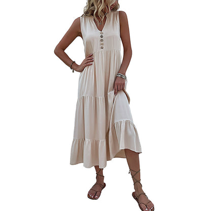 Robe maxi sans manches à volants pour femmes avec détail bouton Chic und Stil