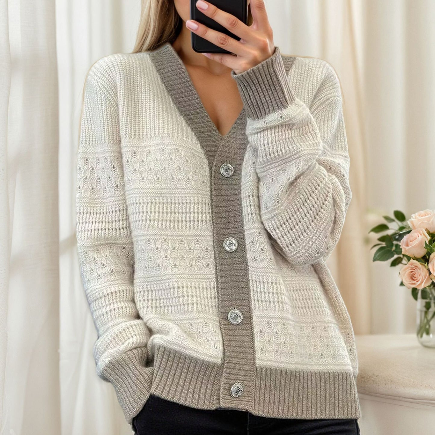 Women's knit jacket with diamond pattern and elegant buttons Chic and Style