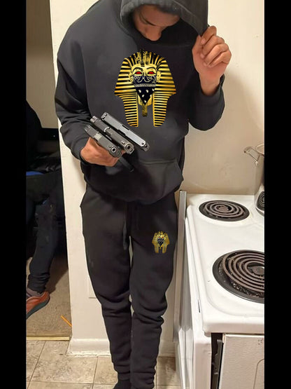 Men's hooded sweatshirt and jogger pants set with artistic pharaoh pattern Chic and Style
