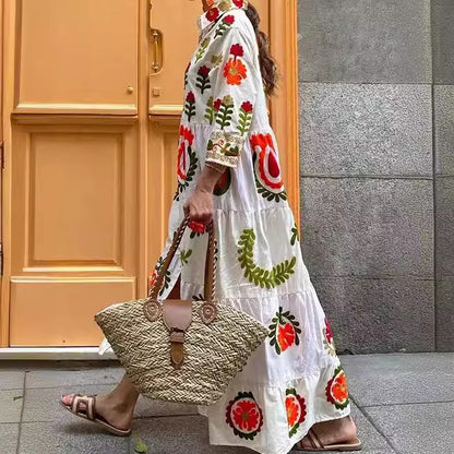 Robe à manches longues à carreaux pour femmes avec broderies florales Chic und Stil