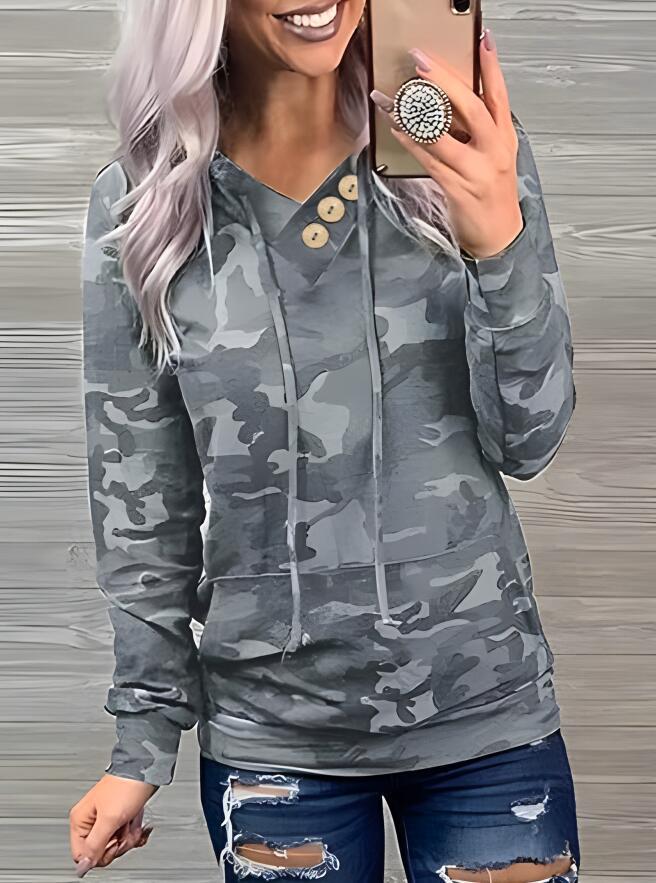 Pull à capuche décontracté pour femmes avec détails de boutons et motif camouflage moderne Chic und Stil
