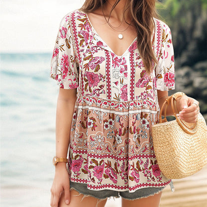 Tunique top boho à fleurs pour femmes avec détails de bouton Chic und Stil