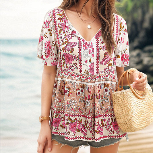 Tunique top boho à fleurs pour femmes avec détails de bouton Chic und Stil