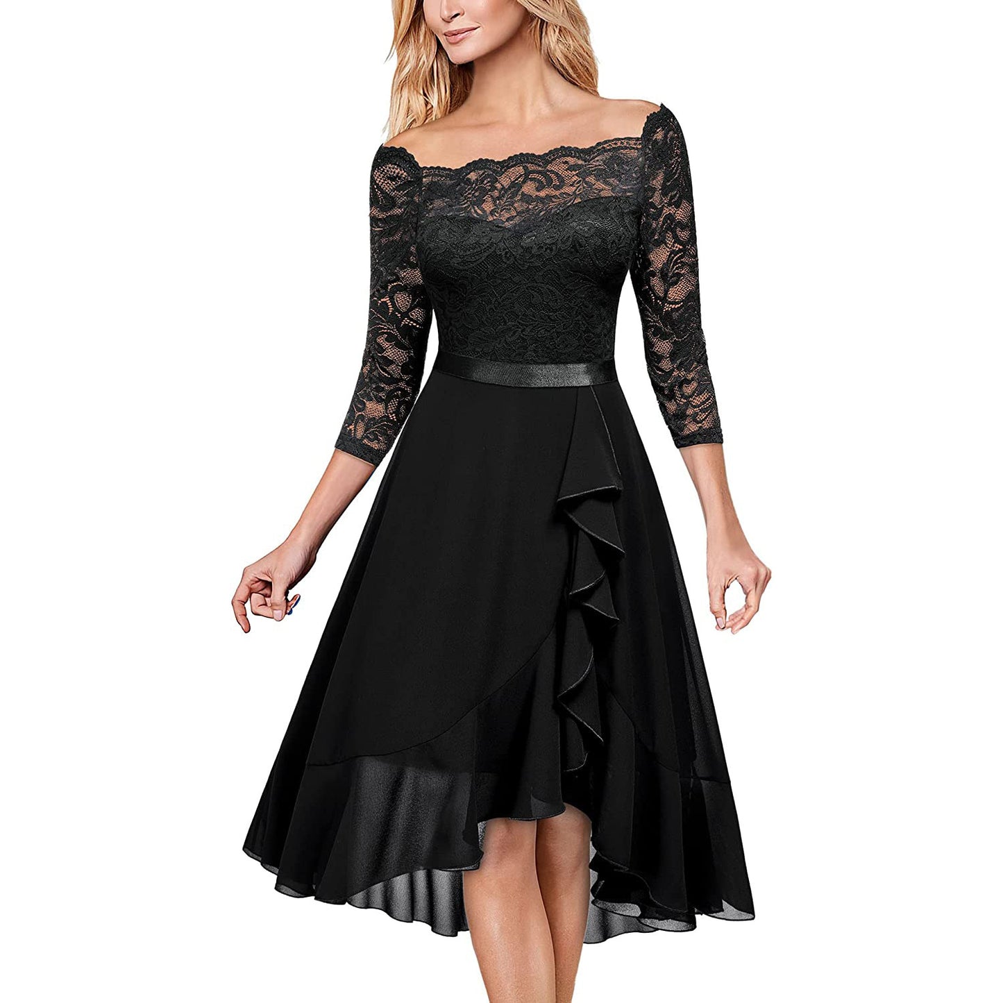 Robe cocktail à encolure dénudée pour femmes en superposition de dentelle Chic und Stil