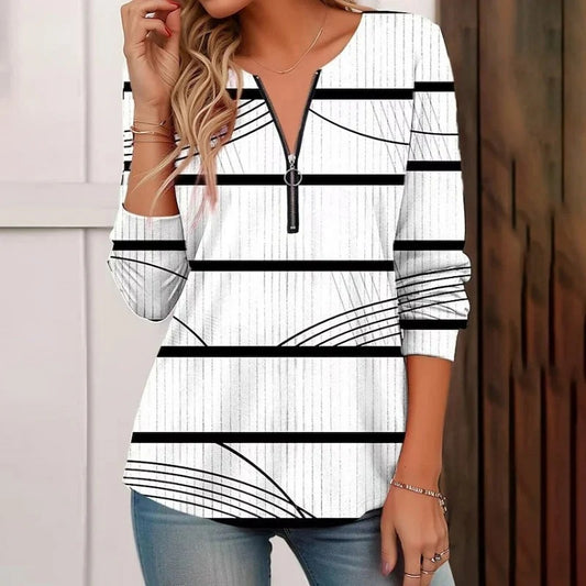 T-shirt à manches longues pour femmes avec fermeture éclair moderne et motif rayé Chic und Stil